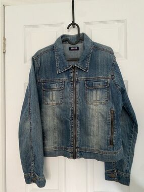 BONGO Distressed Light Blue Denim Jacket with Zip